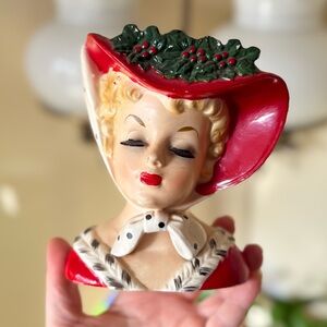 Vintage Holiday Lady Head Vase with Red Hat